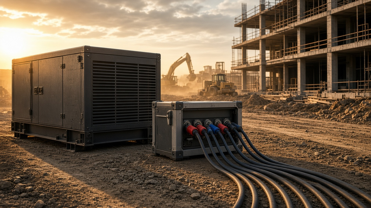 Jobsite generator and temporary power distro at golden hour